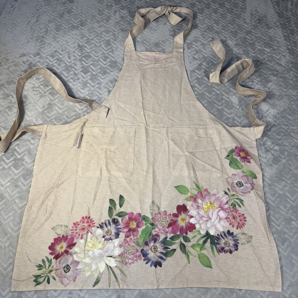 Williams Sonoma La Vie En Rose Apron Embroidered "Christy" Tan Floral Cotton